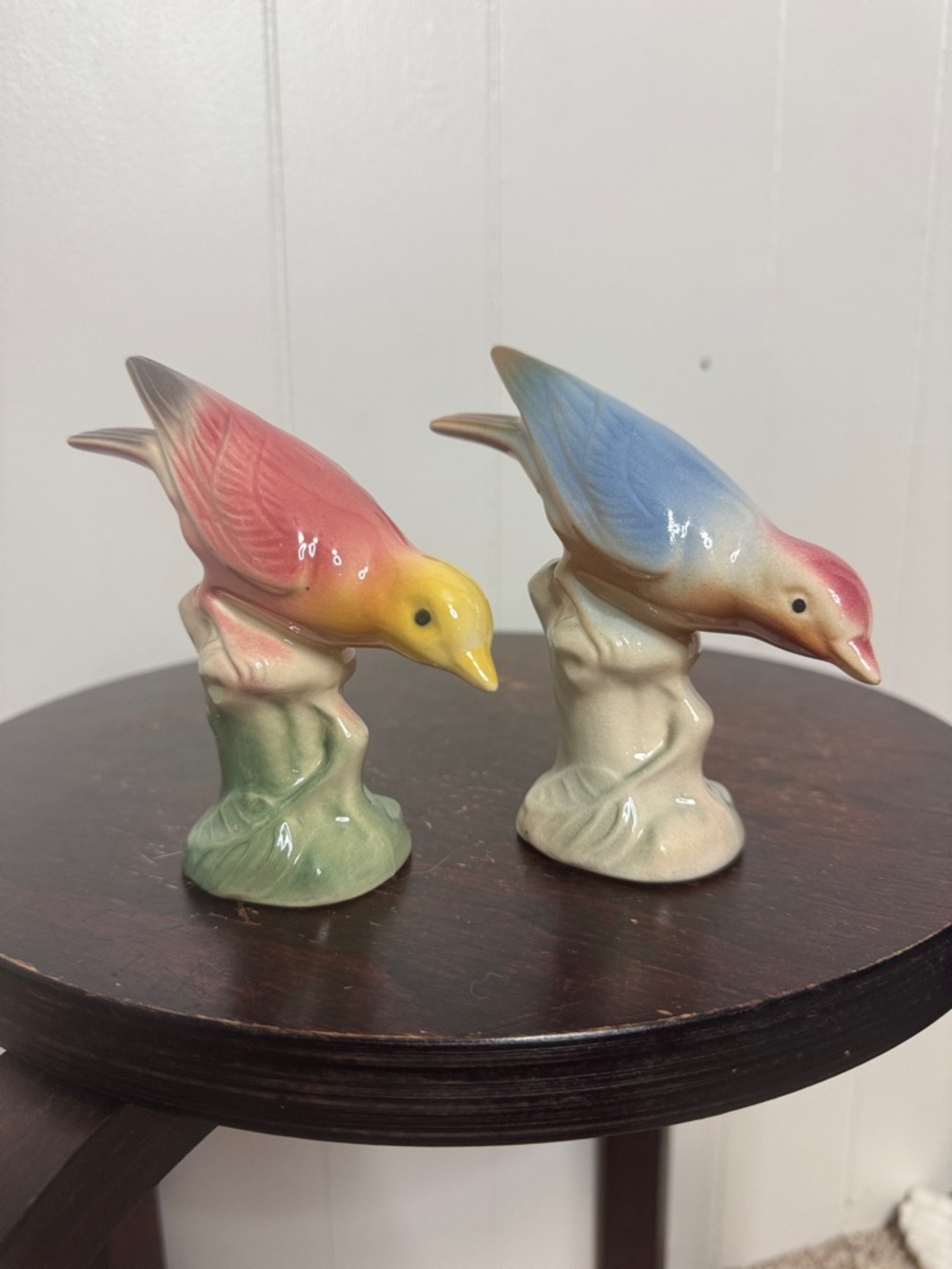 Vintage ceramic bird figurines glazed pair